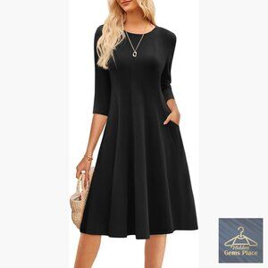 A-Line Midi Dress with 3/4 Sleeves and Pockets, Casual Fit and Flare